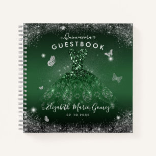 Budget Emerald Green Silver Quinceanera Guestbook Notebook
