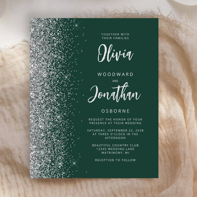 Budget Emerald Green Silver Script Wedding Invite (Creator Uploaded)