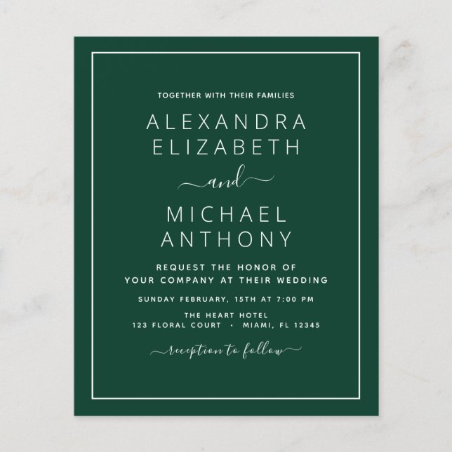 Budget Emerald Green Wedding Invitation Flyer (Front)