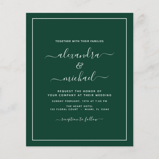Budget Emerald Green Wedding Modern Typography Fly Flyer (Front)