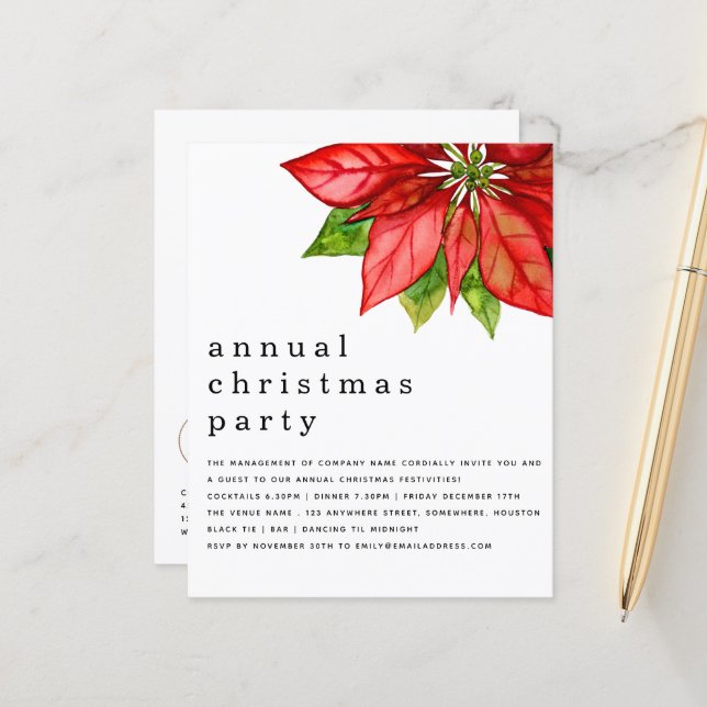 Budget Employee Christmas Party Poinsettia Invite (Front/Back In Situ)