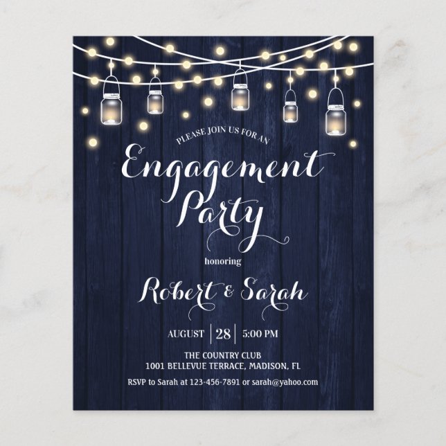 Budget Engagement Party Navy Rustic Wood Invite Flyer (Front)