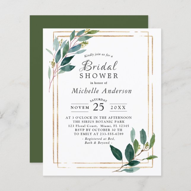 Budget  Eucaliptus Gold Bridal Shower Invitation (Front/Back)
