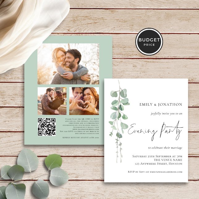 Budget Eucalyptus 3 Photos Wedding Evening Invite (Front and back view)