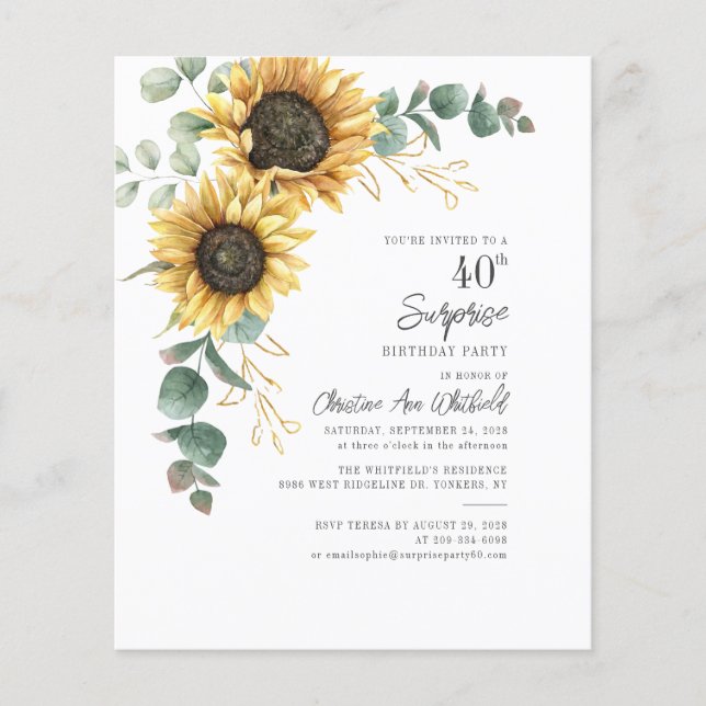 Budget Eucalyptus 40th Birthday Sunflower Invite (Front)