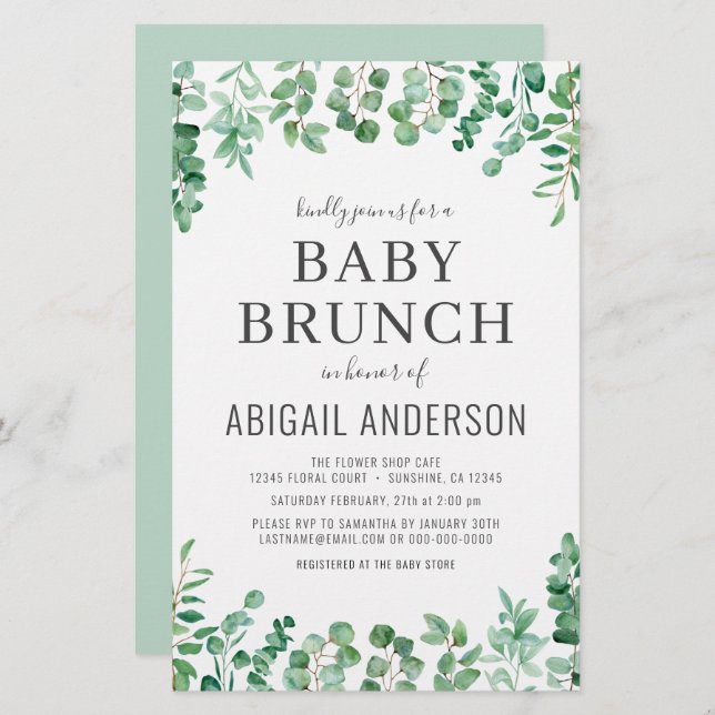 Budget Eucalyptus Baby Brunch Shower Invitation  (Front/Back)