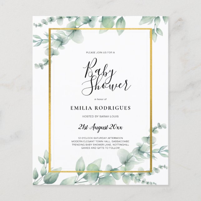 BUDGET Eucalyptus BABY SHOWER GOLD QR CODE INVITE Flyer (Front)