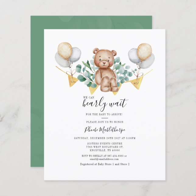 Budget Eucalyptus Bear Baby Shower Invitation (Front/Back)