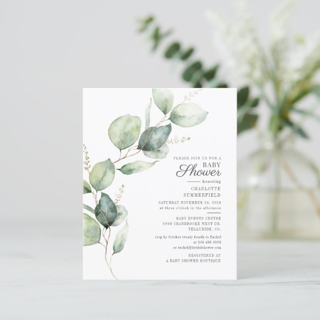 Budget Eucalyptus Botanical Baby Shower Invitation (Standing Front)