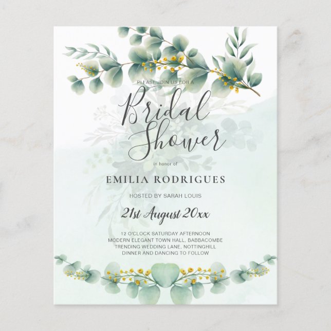 BUDGET Eucalyptus BRIDAL SHOWER Greenery Gold QR C Flyer (Front)