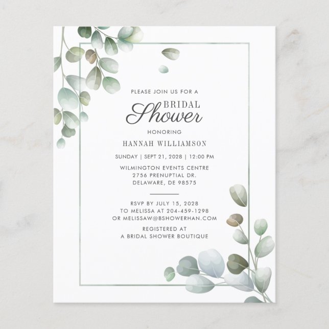 Budget Eucalyptus Bridal Shower Greenery Rustic (Front)