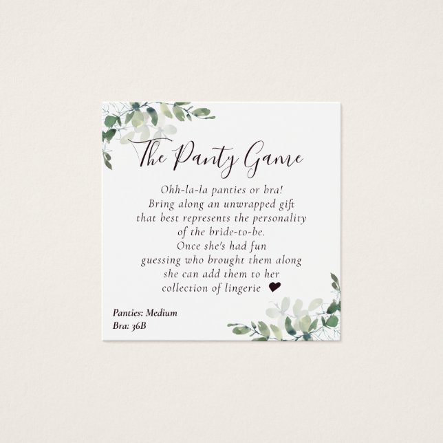 BUDGET Eucalyptus Bridal Shower Panty Game Card (Front)