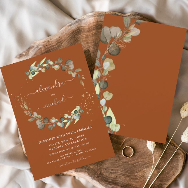 Budget Eucalyptus Burnt Orange Wedding Invitations (Creator Uploaded)
