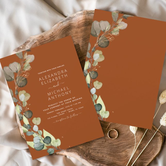 Budget Eucalyptus Burnt Orange Wedding Invitations (Creator Uploaded)