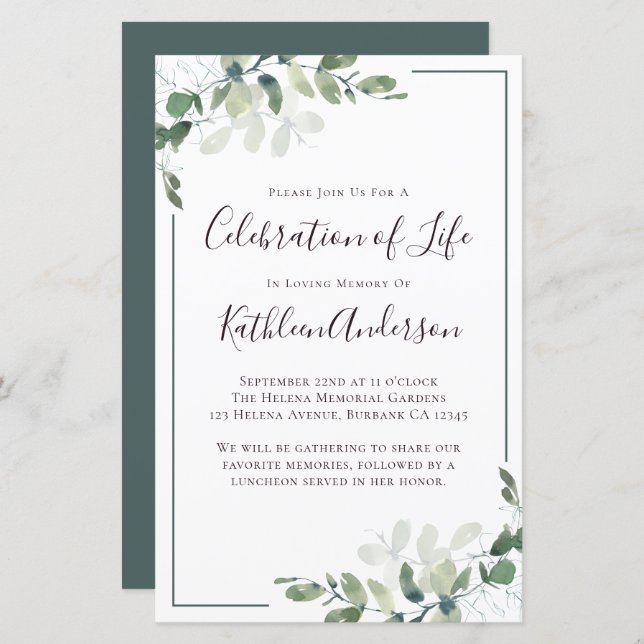 Budget Eucalyptus Celebration of Life Invitation (Front/Back)