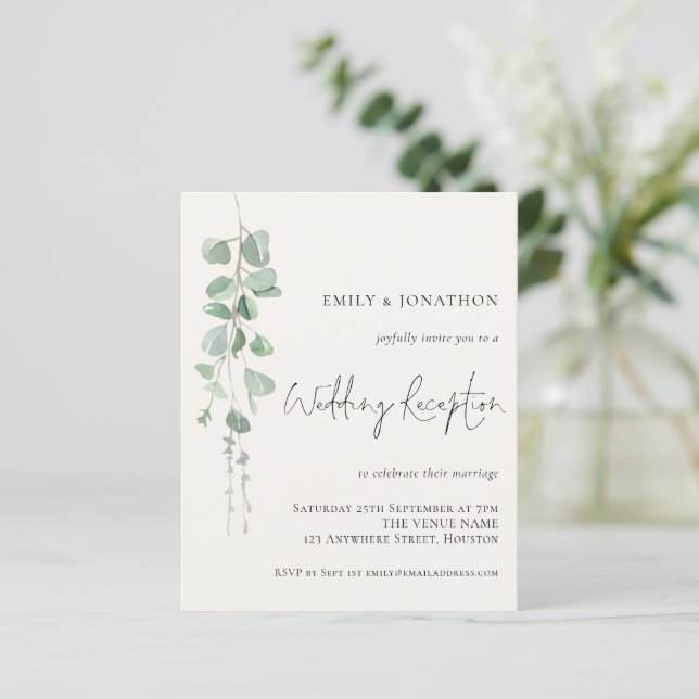 Budget Eucalyptus Cream Wedding Reception Invite (Standing Front)