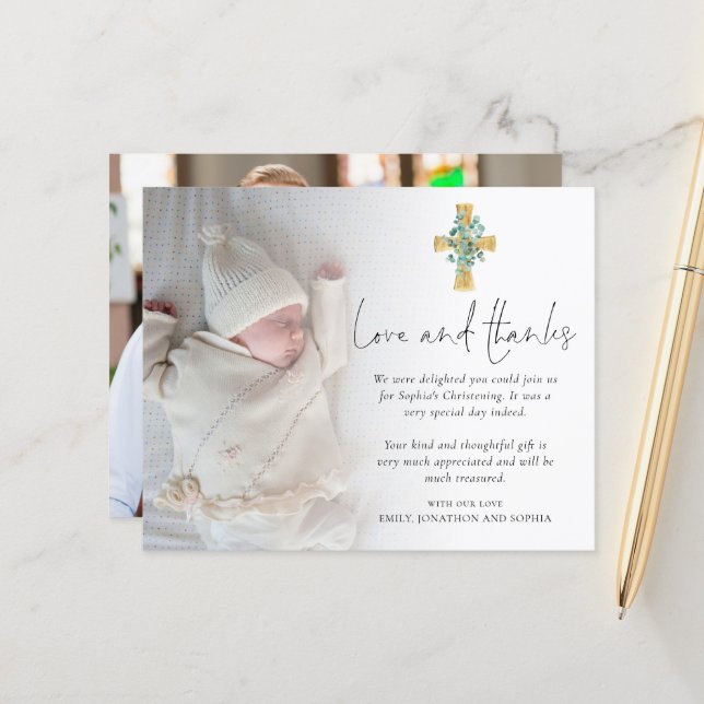 Budget Eucalyptus Cross 2 Photo Christening Thanks (Front/Back In Situ)