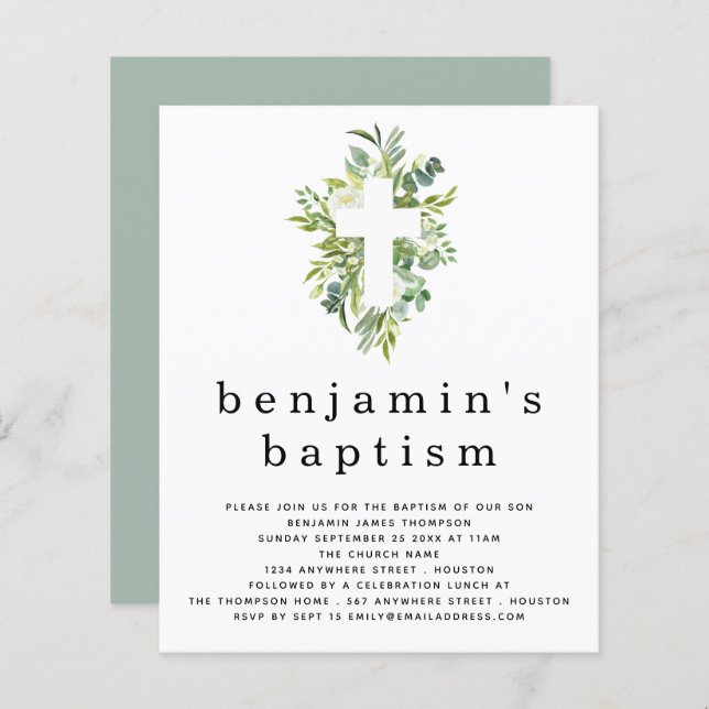 Budget Eucalyptus Cross Baptism Invitation (Front/Back)