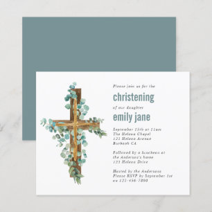Budget Eucalyptus Cross Christening Invitation