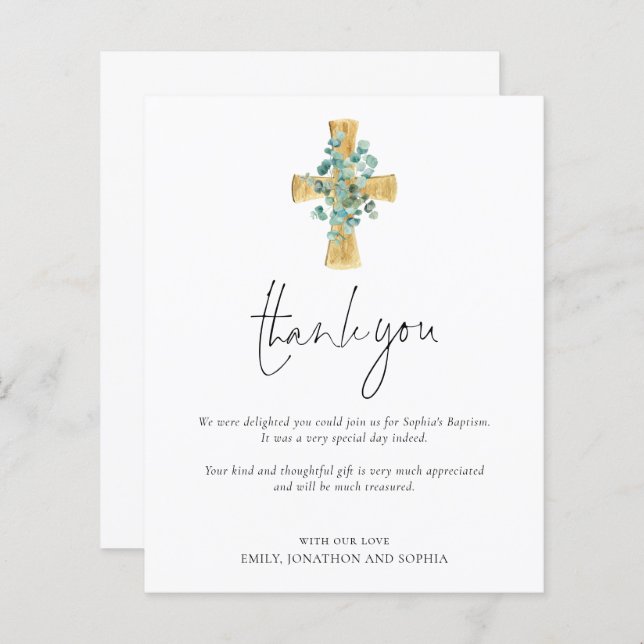 Budget Eucalyptus Cross Christening Thank You (Front/Back)