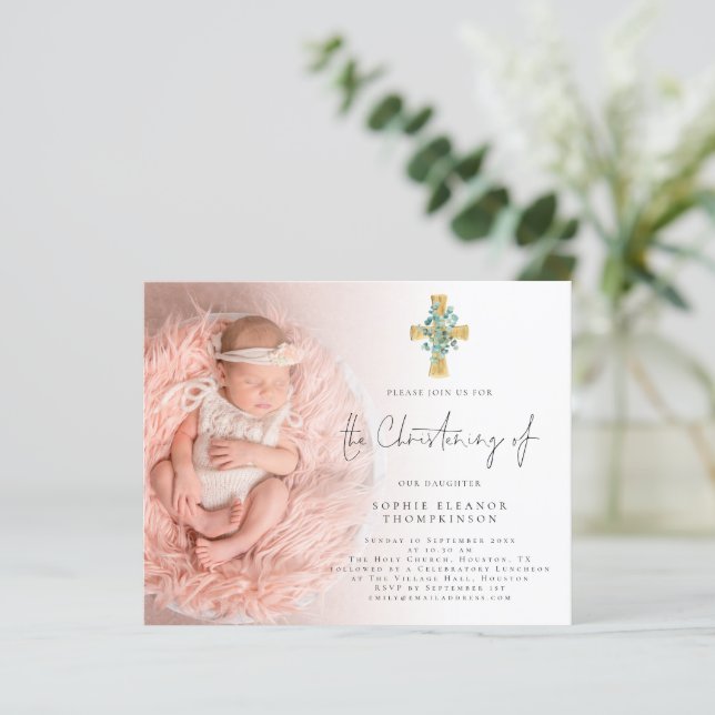 Budget Eucalyptus Cross Photo Christening Invite (Standing Front)