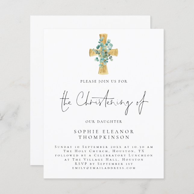 Budget Eucalyptus Cross Script Christening Invite (Front/Back)