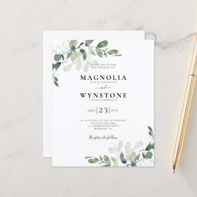 Budget Eucalyptus Details Wedding Invitation (Front/Back In Situ)