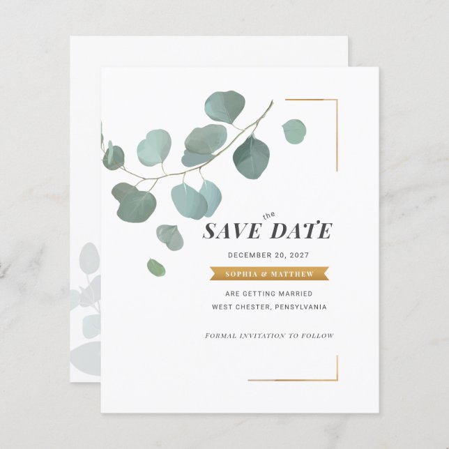 Budget Eucalyptus Faux Gold Frame Save The Date (Front/Back)