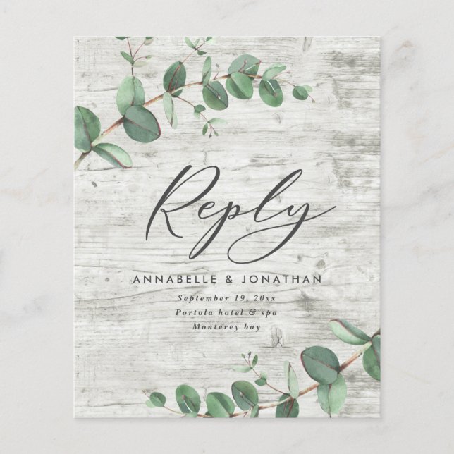 budget eucalyptus foliage white wood wedding RSVP  (Front)