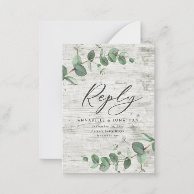 budget eucalyptus foliage white wood wedding RSVP  Card (Front)