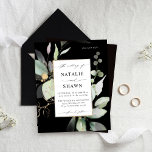Budget Eucalyptus Glow Gold Greenery Wedding Black<br><div class="desc">** SATIN PAPER IS PAPER THIN. UPGRADE THE PAPER FOR A THICKER PAPER. HAS AN OPTION FOR ENVELOPES. *** Save money on invitations with this smaller invitation that has an option for envelopes. Get your guests ready for the amazing wedding with your Eucalyptus Glow Gold Greenery Black Wedding invitation. Want...</div>