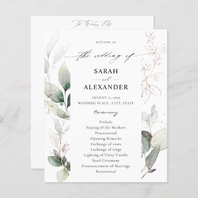 Budget Eucalyptus Glow Gold Wedding Program (Front/Back)
