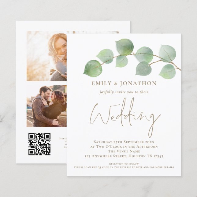 BUDGET Eucalyptus Gold 3 photo QR Wedding Invite (Front/Back)