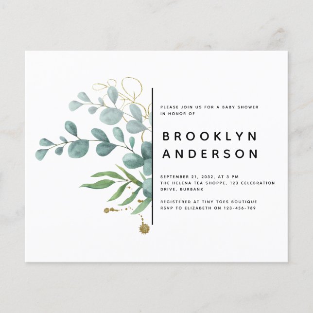 BUDGET Eucalyptus Gold Foil Baby Shower Invitation (Front)