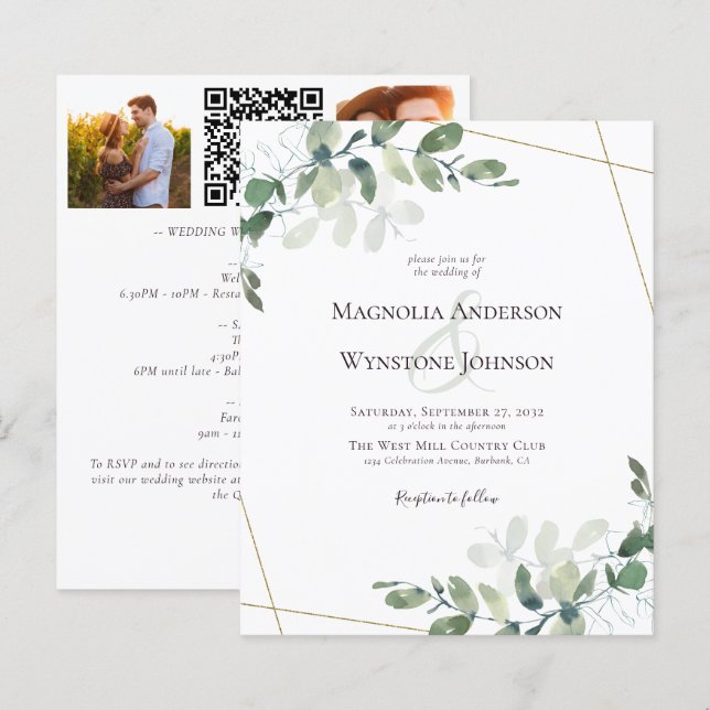 Budget Eucalyptus Gold Photo Wedding Invitation (Front/Back)