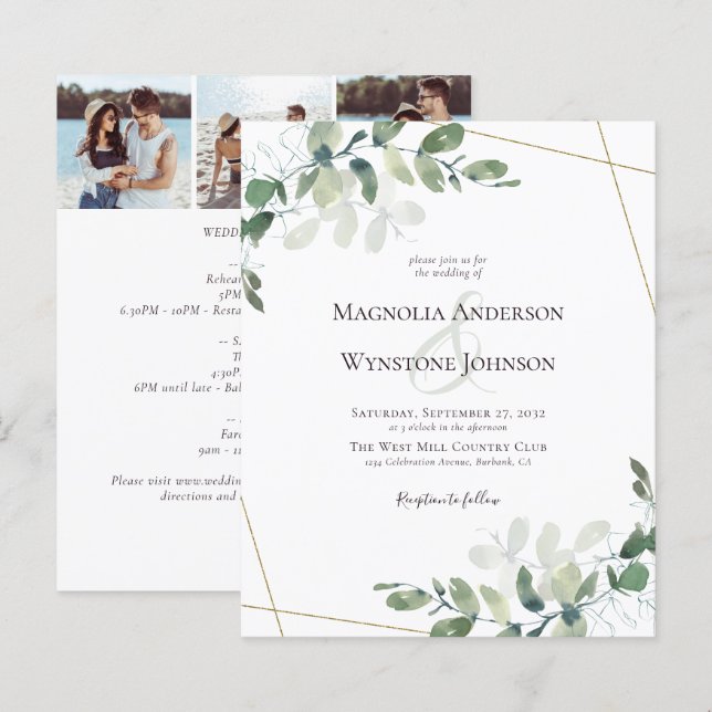 Budget Eucalyptus Gold Photo Wedding Invitation (Front/Back)
