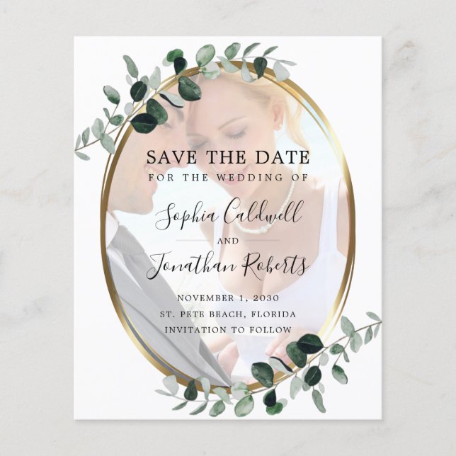 Budget Eucalyptus Gold Photo Wedding Save the Date (Front)
