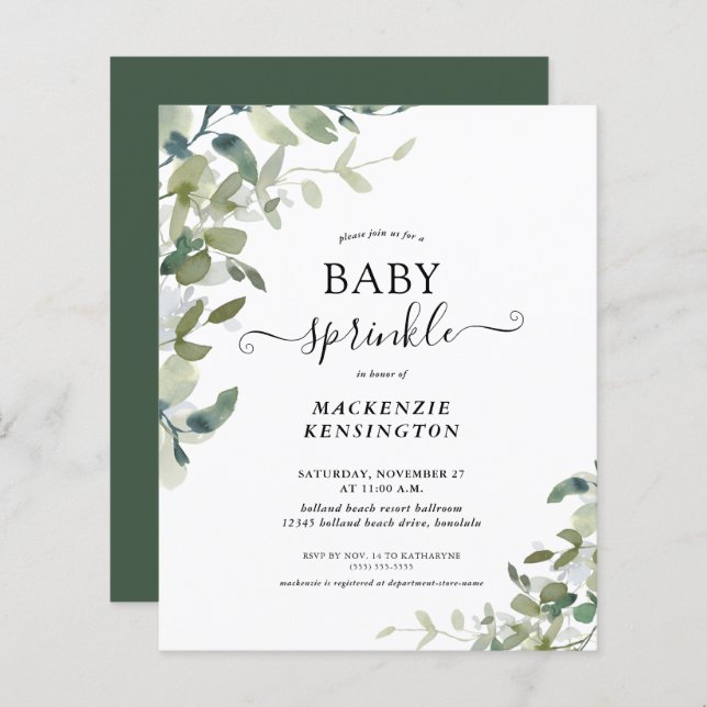 Budget Eucalyptus Green Baby Sprinkle Invitation (Front/Back)