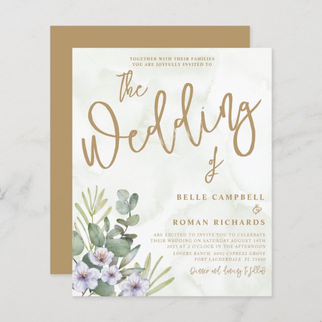 Budget Eucalyptus Green & Gold Wedding Invitation (Front/Back)