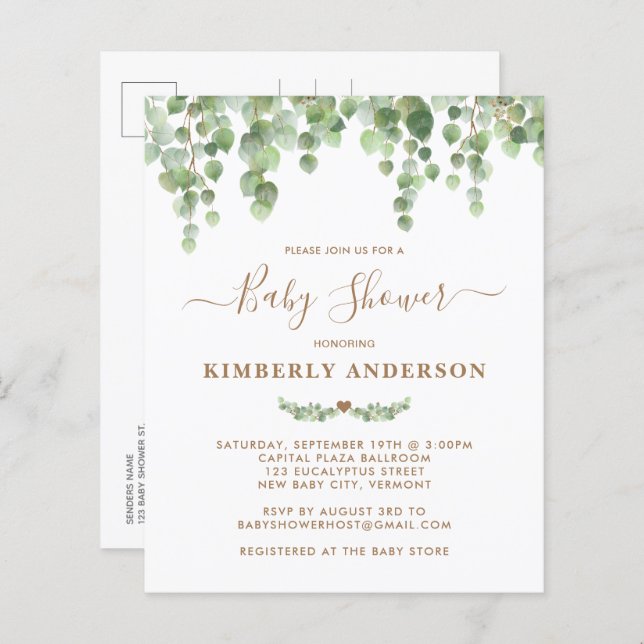 Budget Eucalyptus Greenery Gold Baby Shower Invite (Front/Back)