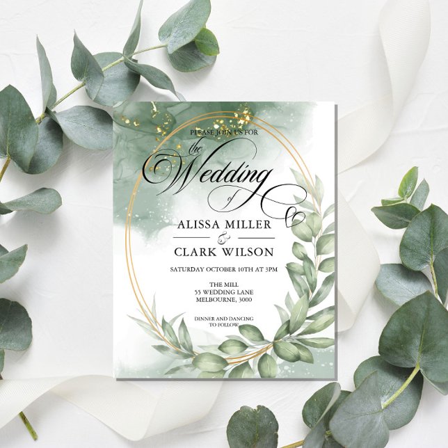 BUDGET Eucalyptus Greenery Gold Wedding Invitation (Creator Uploaded)