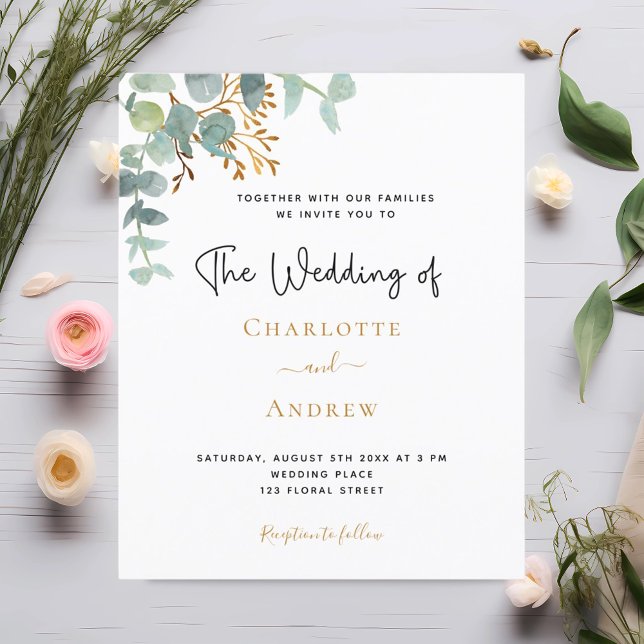 Budget eucalyptus greenery gold wedding invitation (Creator Uploaded)