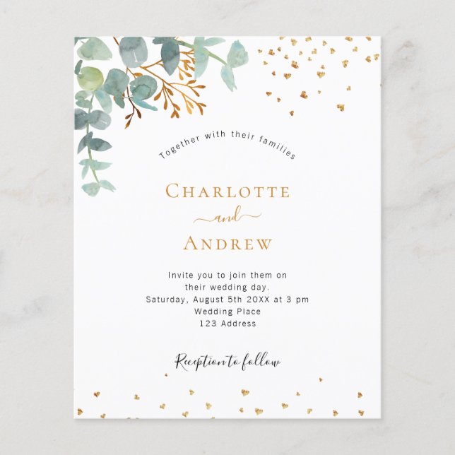 Budget eucalyptus greenery gold wedding invitation (Front)