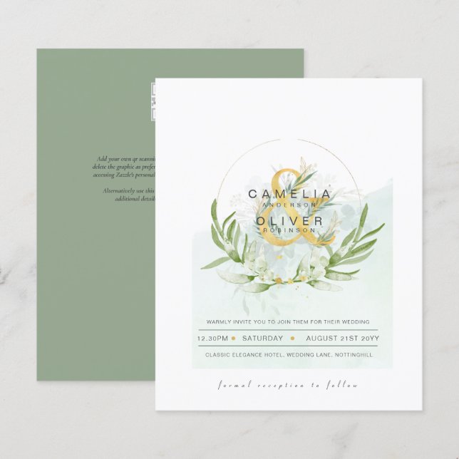 BUDGET Eucalyptus Greenery Gold Wedding QR CODE IN (Front/Back)