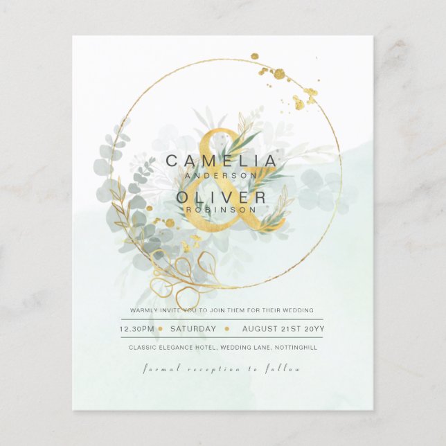 BUDGET Eucalyptus Greenery Gold Wedding QR CODE IN Flyer (Front)