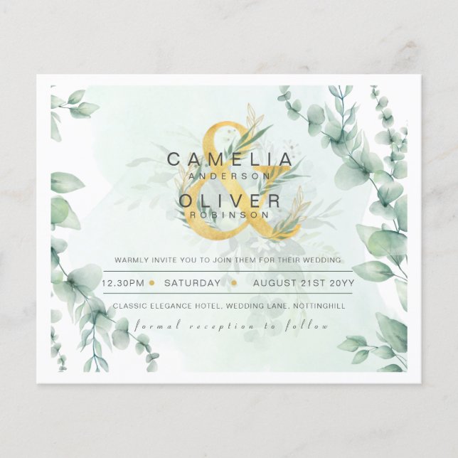 BUDGET Eucalyptus Greenery Gold Wedding QR CODE IN Flyer (Front)