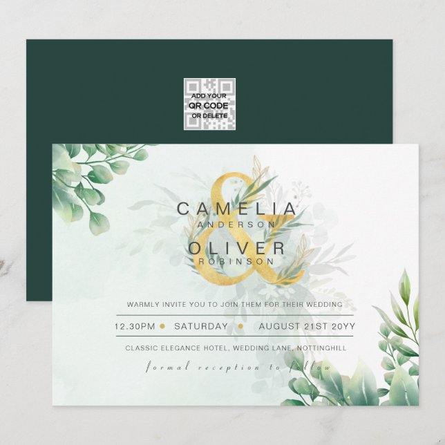 BUDGET Eucalyptus Greenery Gold Wedding QR CODE IN Invitation (Front/Back)