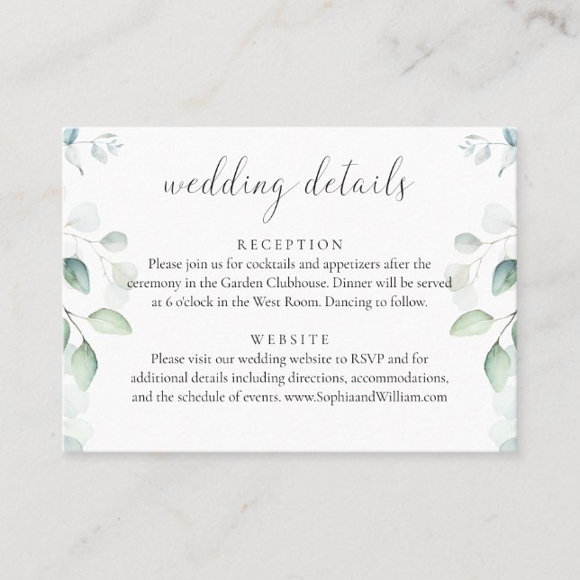 Budget Eucalyptus Greenery Wedding Details Card (Front)