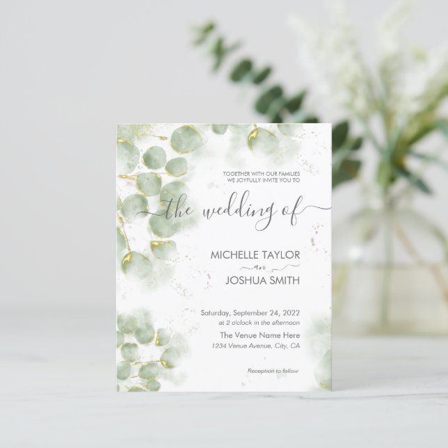 Budget Eucalyptus Greenery Wedding Invitation (Standing Front)