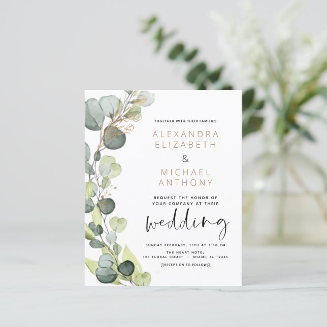 Budget Eucalyptus Greenery Wedding Invitations (Standing Front)
